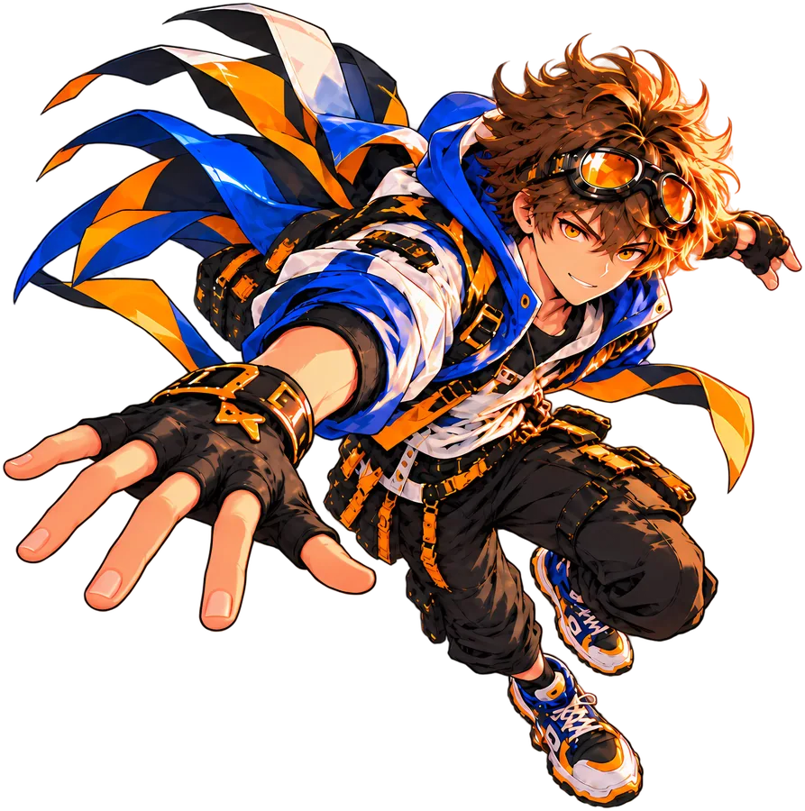 Kai, a runner in goggles and a blue jacket, leaping forward